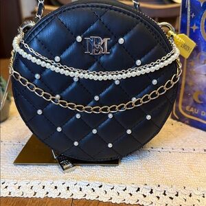 Badgley Mischka Black Quilted Pearl Chain Crossbody Bag by